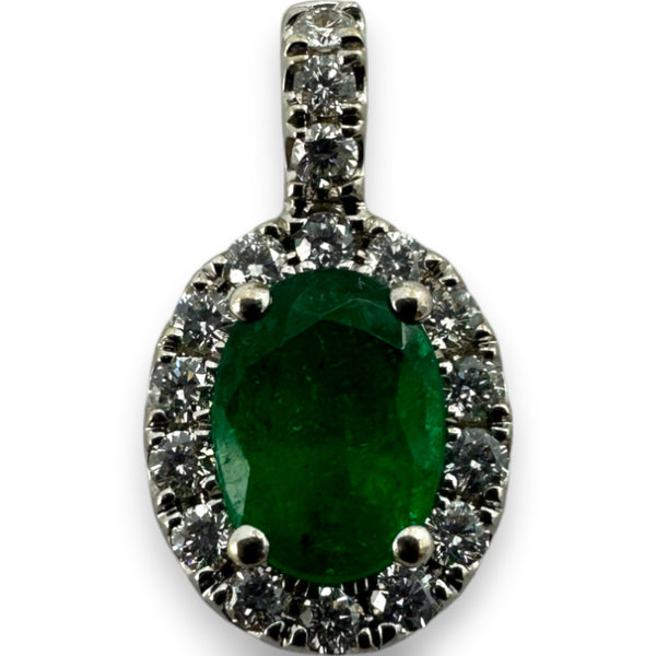 Colgante de esmeralda IDGC con halo de diamantes en oro blanco de 18 kt