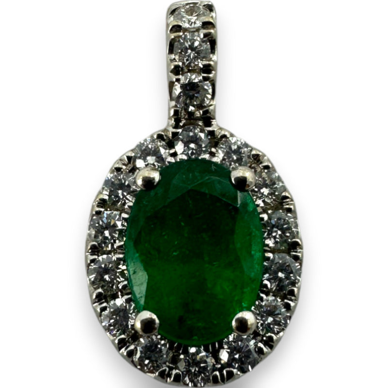 Colgante de esmeralda IDGC con halo de diamantes en oro blanco de 18 kt