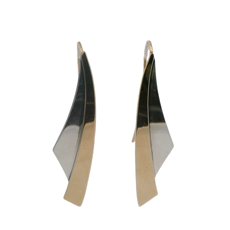 Vintage Ed Levin Modernist Era 14kt Gold and 925 Sterling Silver Linear Curve Dangle Earrings