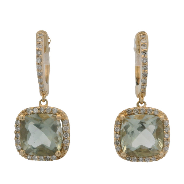 Solid 14kt Yellow Gold and Green Beryl Drop/Dangle Earrings With Diamond Halo/Accents