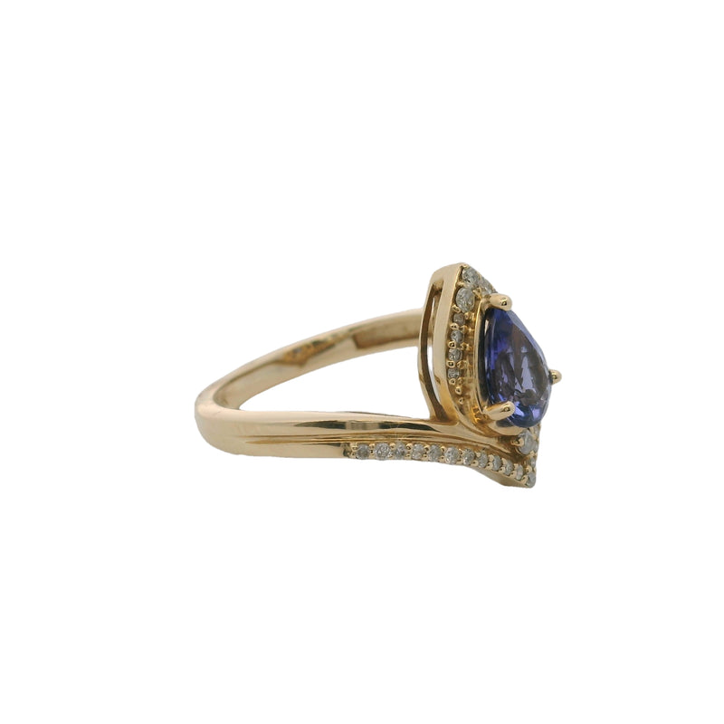 Solid 14kt Yellow Gold and Pear-Cut Tanzanite Chevron Solitaire Ring with Diamond Halo Size 8