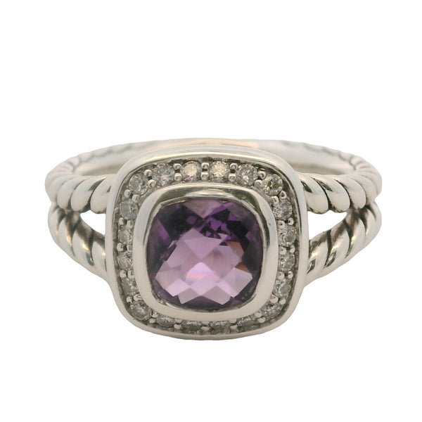 David Yurman 925 Sterling Silver Petite Amethyst Albion Ring with Diamond Halo Size 7