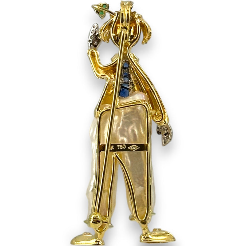 Vintage 18kt Yellow Gold Happy Clown Brooch/Pendant with Baroque Pearl Pants, Sapphires, Emeralds, Diamonds, and Ruby Nose