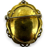 Vintage 1940-1950s 18kt Solid Yellow Gold Hand-Painted Portrait Brooch with Genuine Emerald and Diamonds Made In Italy