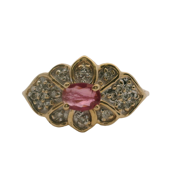 Vintage 14kt Yellow Gold Ruby Cocktail Ring with Cluster Diamond Accents Size 6
