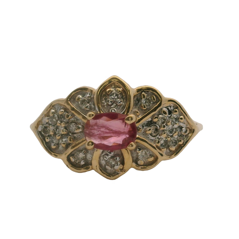 Vintage 14kt Yellow Gold Ruby Cocktail Ring with Cluster Diamond Accents Size 6