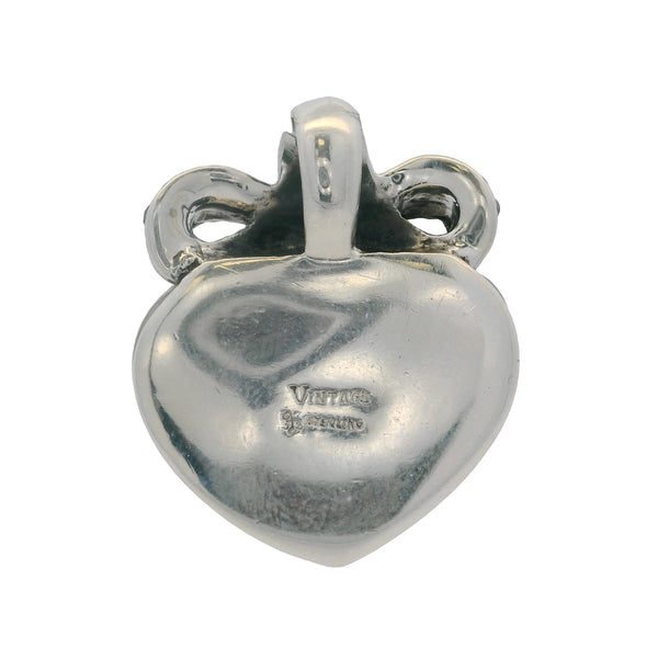 Vintage 925 Sterling Silver Heart and Bow Pendant with Mother of Pearl and Marcasites