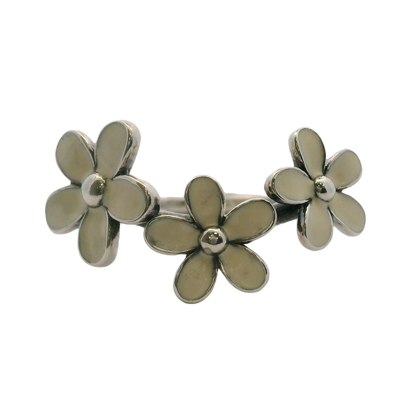 Pandora 925 Sterling Silver Darling Daisies Triple Flower Curved Crown Ring with White Enamel