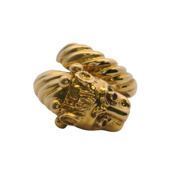 Vintage Zolotas Greece 18kt Yellow Gold Lion Head Rare Bypass Ring with Ruby Eyes Size 5.75