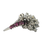 Vintage Mid Century Solid 950 Platinum Large 3.26ctw Natural Diamond and Ruby Cluster Cocktail Ring Size 8