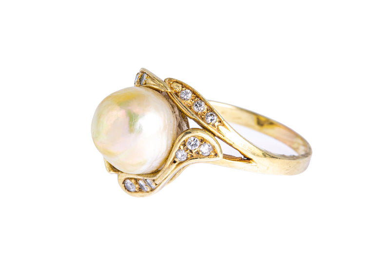 Natural Freshwater Pearl & Diamond Cluster Band 14K 585 Yellow Gold Ring Size 8