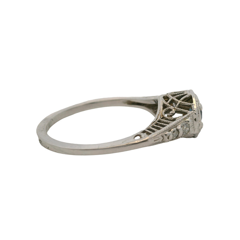 Antique 1920s Art Deco 14kt White Gold Sapphire and Diamond Filigree Ring Size 6