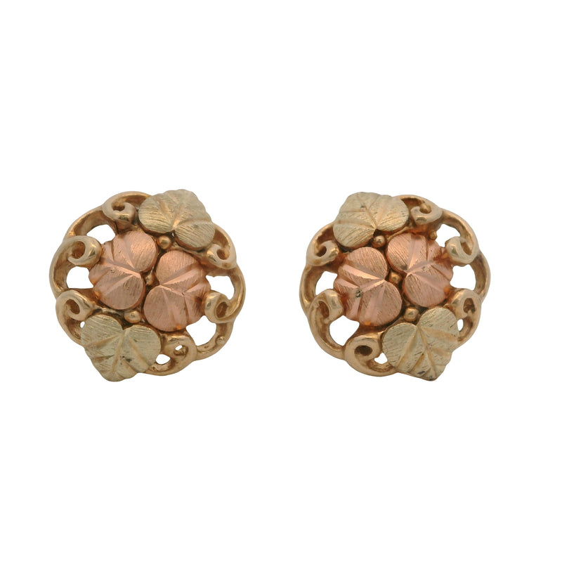 Vintage Solid 10kt Tri-Tone Black Hills Gold Leaf and Vine Stud Earrings