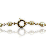 Vintage 1930s-50s Victorian Revival 14kt Solid Yellow Gold Delicate Pearl Station Necklace with Gold Openwork, Blue Enamel, and Pearl Drop Center