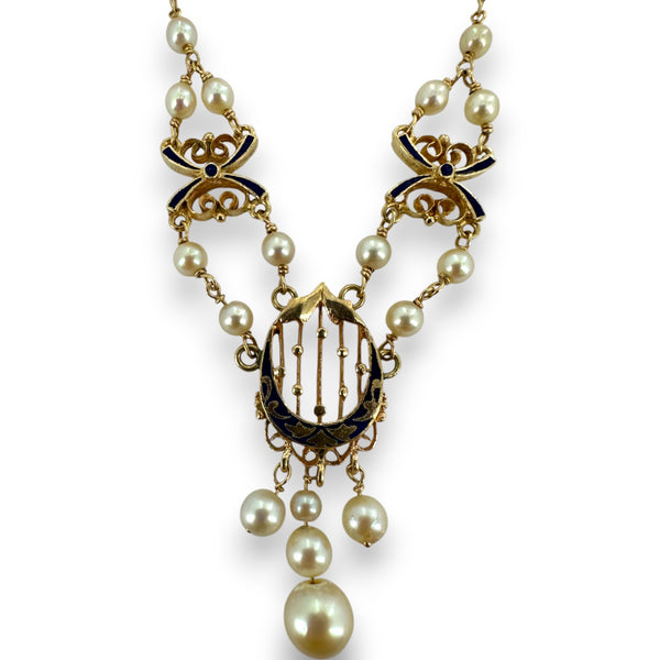Vintage 1930s-50s Victorian Revival 14kt Solid Yellow Gold Delicate Pearl Station Necklace with Gold Openwork, Blue Enamel, and Pearl Drop Center