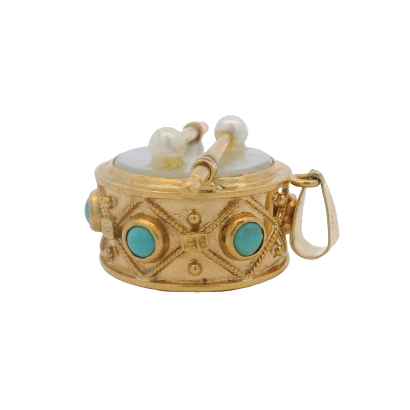 Sidra Jewels 18kt Yellow Gold Drum Pendant with Mother of Pearl, Turquoise, and Freshwater Pearls