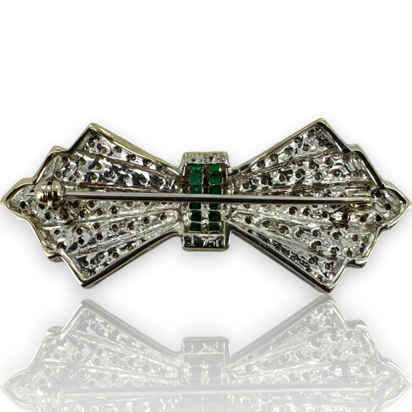Antique 1920-30s 18kt White Gold Diamond and Emerald Bow Brooch