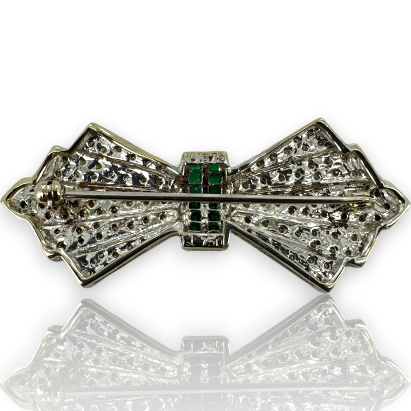 Antique 1920-30s 18kt White Gold Diamond and Emerald Bow Brooch