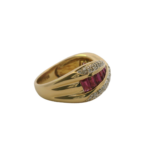 Solid 18kt Yellow Gold, Ruby, and Diamond Crossover Twist Cocktail Band Ring Size 7