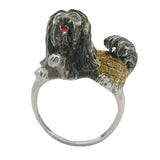 Vintage Solid 14kt White Gold Dog Lhasha Opso 3D Ring with Diamond Eyes and Yellow Sapphires Size 5