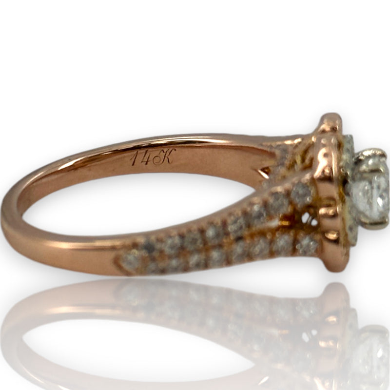 Neil Lane Retired Solid 14kt Rose Gold Cushion Cut Prong Set Diamond Engagement Ring with Double Halo and Diamond Split Sides Size 8.5