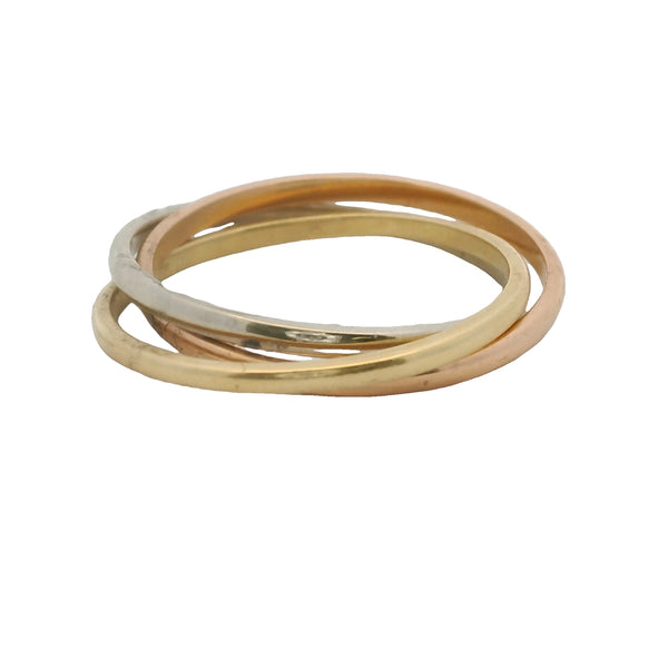 Solid 18kt Yellow, Rose, and White Gold Thin Trinity Roll-On Ring Size 8