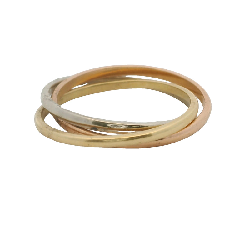 Solid 18kt Yellow, Rose, and White Gold Thin Trinity Roll-On Ring Size 8