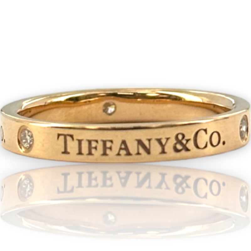 Tiffany & Co 18kt Rose Gold Band Ring with Outside Logo and 3 Round Brilliant Diamonds