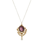 Vintage 1930s Solid 14kt Yellow Gold Amethyst and Freshwater Pearl Drop Pendant 19.75" Necklace