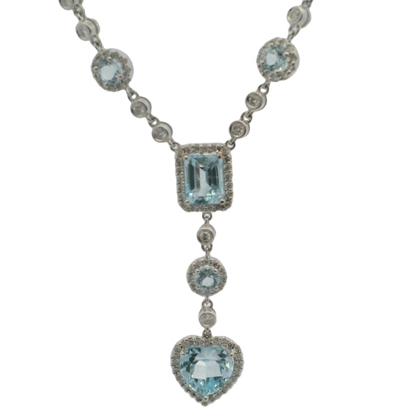 Solid 18kt White Gold 16" Necklace with Heart, Rectangular, and Round Cut Light Blue Topaz 1.7" Drop Pendant and Diamond Accents