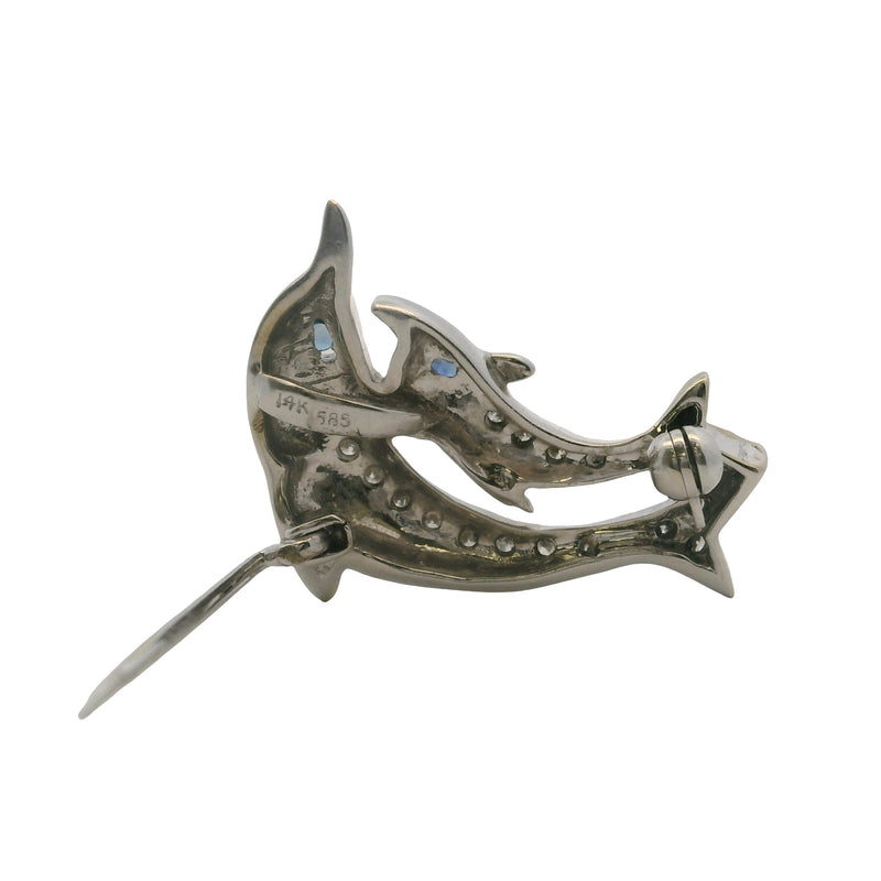 14kt White Gold and Diamond Double Dolphin Pin Brooch with Diamonds and Sapphire Eyes