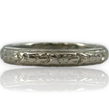 Antique 1911 Wood & Sons (Now ArtCarved) Carved 3mm Band Solid 18kt White Gold Inscribed Feb-26-1911 Wedding Engagement Ring Size 4.5