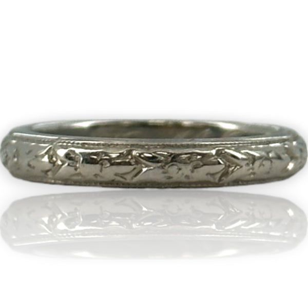 Antique 1911 Wood & Sons (Now ArtCarved) Carved 3mm Band Solid 18kt White Gold Inscribed Feb-26-1911 Wedding Engagement Ring Size 4.5