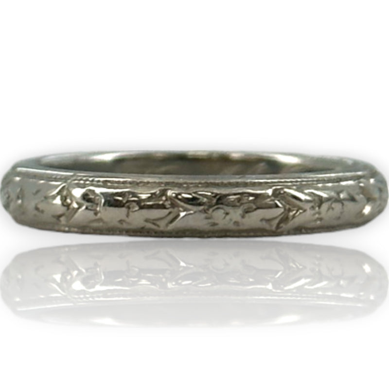 Antique 1911 Wood & Sons (Now ArtCarved) Carved 3mm Band Solid 18kt White Gold Inscribed Feb-26-1911 Wedding Engagement Ring Size 4.5