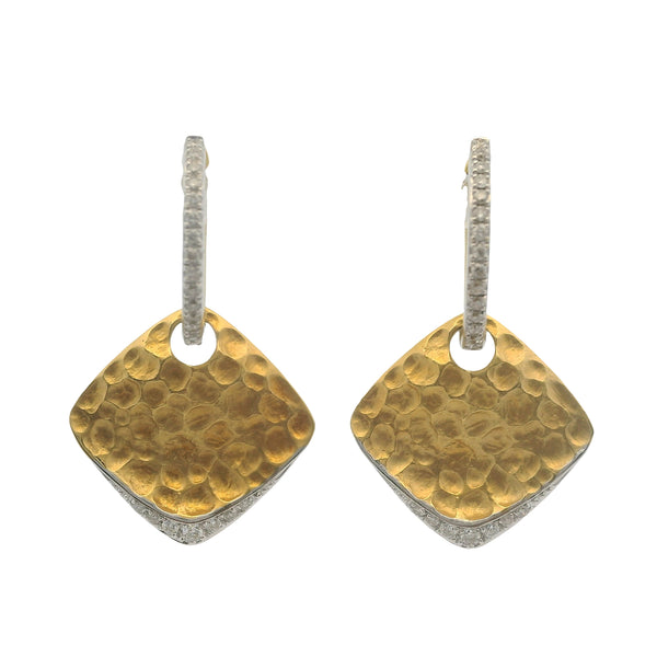 Solid 14kt White and Yellow Gold Reversible Hammered Square Diamond Dangle Snap Earrings