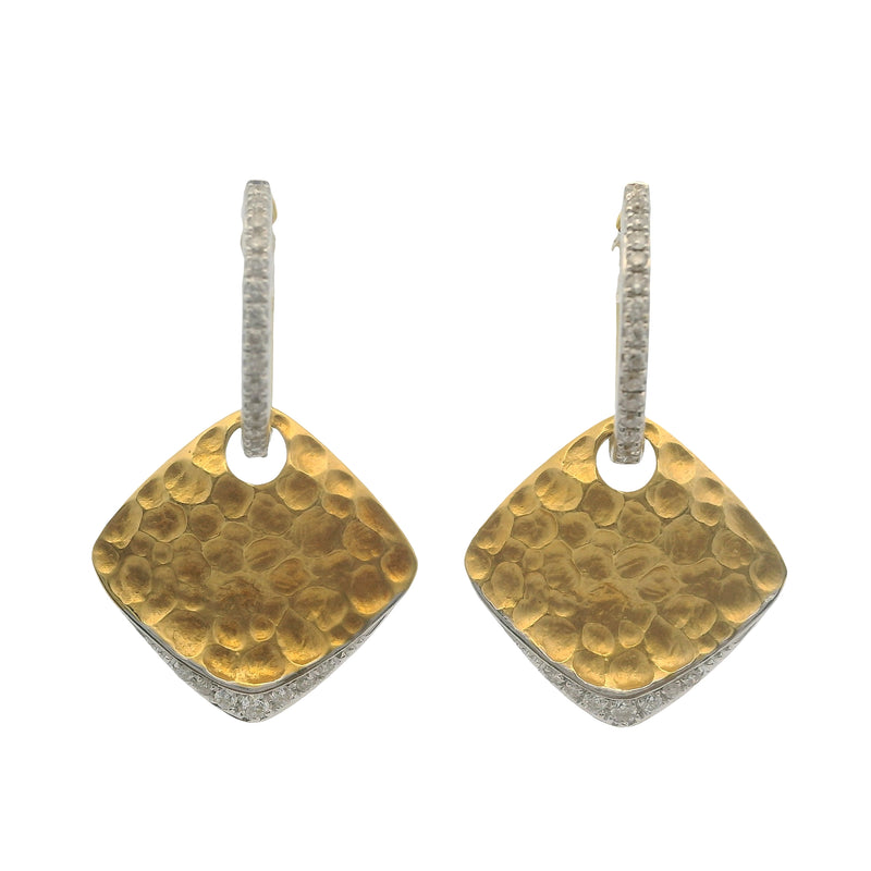 Solid 14kt White and Yellow Gold Reversible Hammered Square Diamond Dangle Snap Earrings