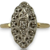 Vintage 1950-70s Victorian Revival 14kt Yellow and White Gold Diamond Navette Ring Size 6.25