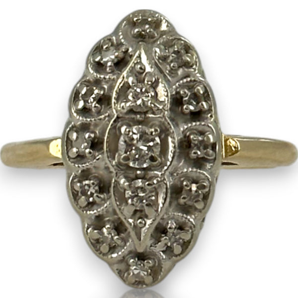 Vintage 1950-70s Victorian Revival 14kt Yellow and White Gold Diamond Navette Ring Size 6.25