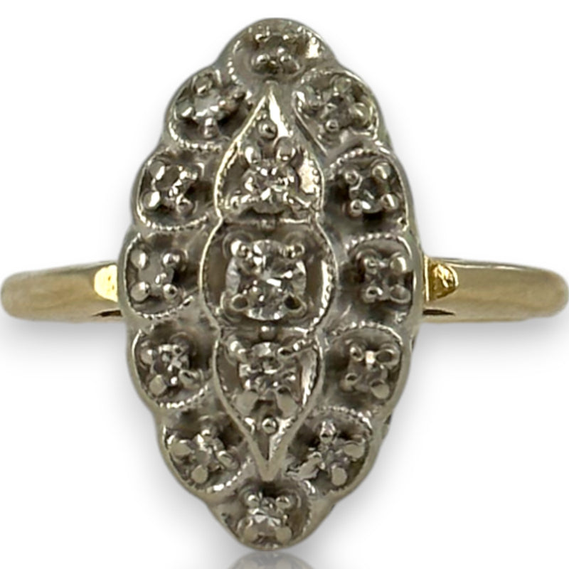Vintage 1950-70s Victorian Revival 14kt Yellow and White Gold Diamond Navette Ring Size 6.25