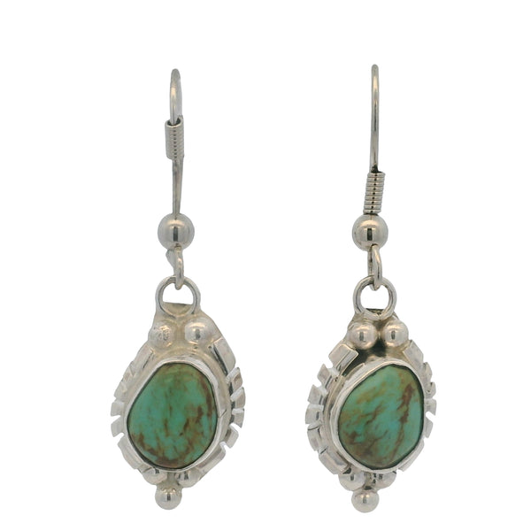 John Delvin Navajo Native American 925 Sterling Silver and Natural Green Turquoise Drop/Dangle Earrings