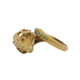 Vintage Solid 18kt Yellow Gold Ram's Head Ring with Turquoise, 3 Diamonds, and Ruby Eyes Size 8