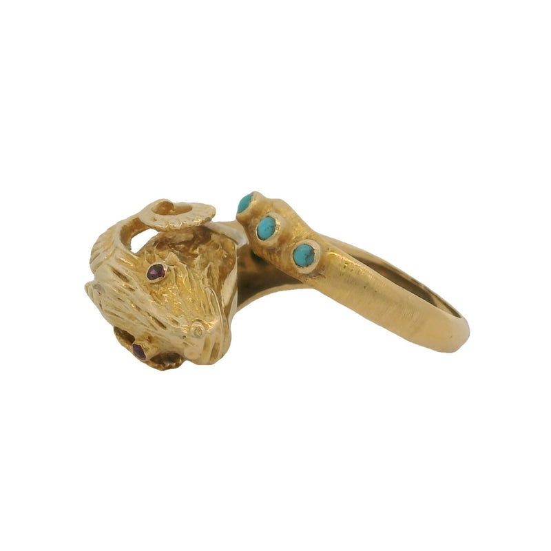 Vintage Solid 18kt Yellow Gold Ram's Head Ring with Turquoise, 3 Diamonds, and Ruby Eyes Size 8