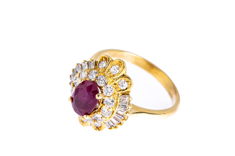 Natural Ruby & Diamond Cocktail Cluster 18K 750 Yellow Gold Ring Size