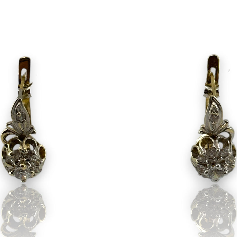 1970s Victorian Revival Solid 14kt White and Yellow Gold Sleeper-Style Cubic Zirconia (CZ) Snap Closure Huggie Earrings