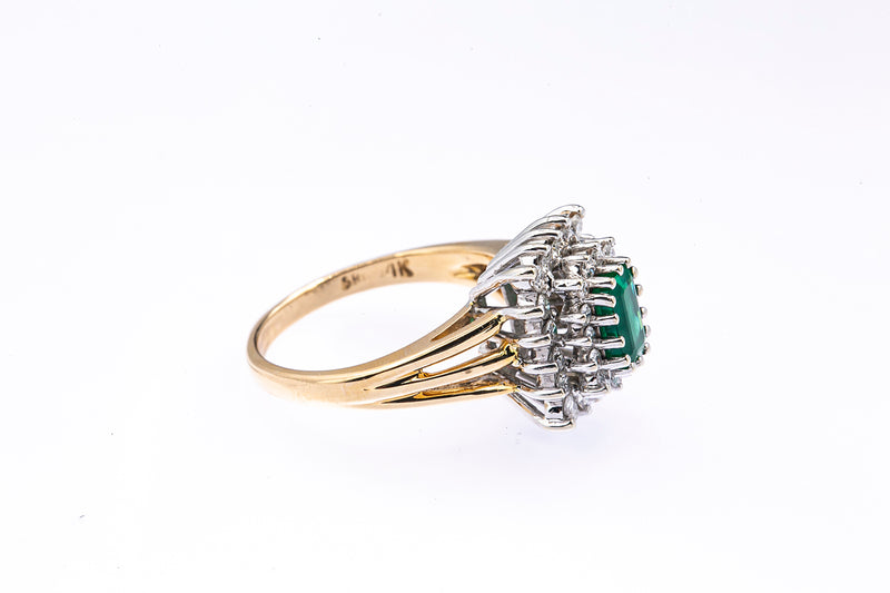 Emerald & Diamond Cluster14K 585 Yellow & White Gold Ring Size 6 1/2