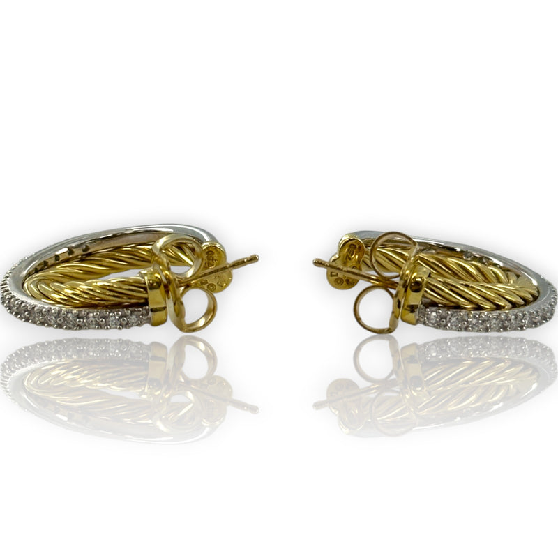 David Yurman Solid 18kt Yellow Gold Crossover 23mm Hoop Cable Earrings with 0.34ctw of Diamonds in Original Pouch