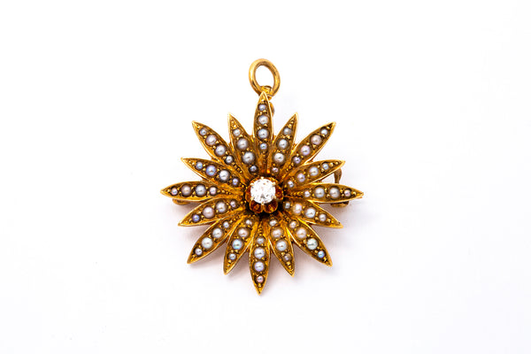 Antique Diamond & Seed Pearl Sunburst Flower Lapel Pin Charm Brooch