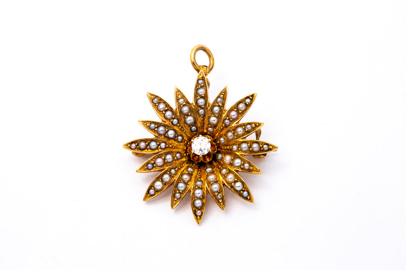 Antique Diamond & Seed Pearl Sunburst Flower Lapel Pin Charm Brooch