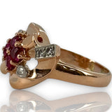 Vintage Retro Era 1940-50s 14kt Solid Rose Gold Cocktail Ring with Lab-Grown Rubies and Diamonds Size 7