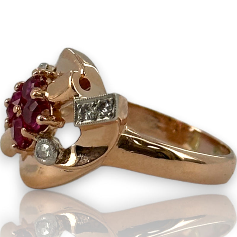 Vintage Retro Era 1940-50s 14kt Solid Rose Gold Cocktail Ring with Lab-Grown Rubies and Diamonds Size 7